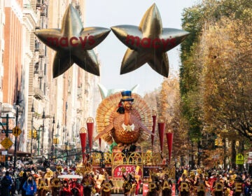 FILE - The Tom Turkey float leads the way down Central Park West during the Macy's Thanksgiving Day Parade on Nov. 24, 2022, in New York. (AP Photo/Jeenah Moon, File)