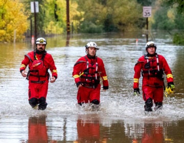 Firefighters walk through floodwaters while responding to a rescue call in unincorporated Sonoma County, Calif., on Friday, Nov. 22, 2024. (AP Photo/Noah Berger)