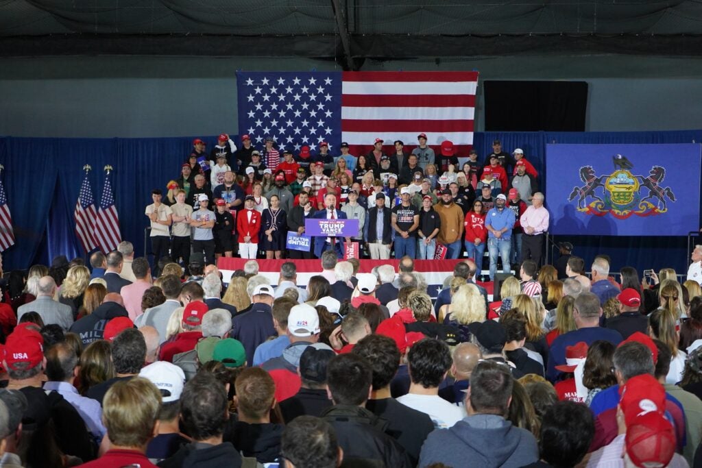 Jim Worthington speaks to a crowd