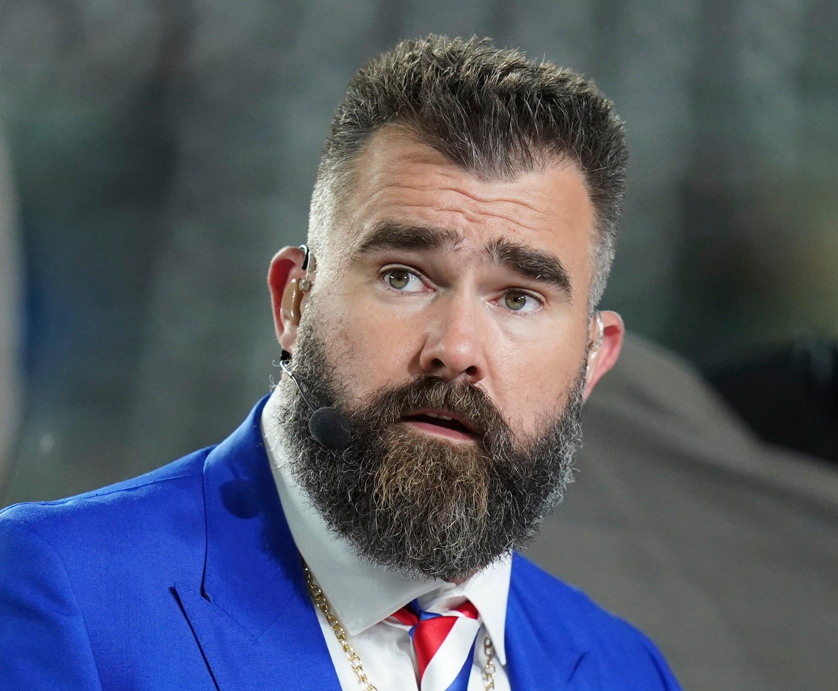 FILE - Former Philadelphia Eagles center Jason Kelce prepares for his ESPN debut as a Monday Night Football Analyst before an NFL football game between the Buffalo Bill and the New York Jets, Oct. 14, 2024 in East Rutherford, N.J. (AP Photo/Vera Nieuwenhuis, File)