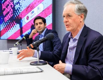 On the left sits Democratic Montgomery County Commissioner Neil Makhija. On the right is is former Pennsylvania Gov. Mark Schweiker, a Republican Bucks County native.
