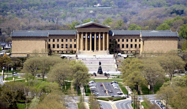 An aerial photo shows the Philadelphia Museum of Art, located at the end of the Benjamin Franklin Parkway in Philadelphia.