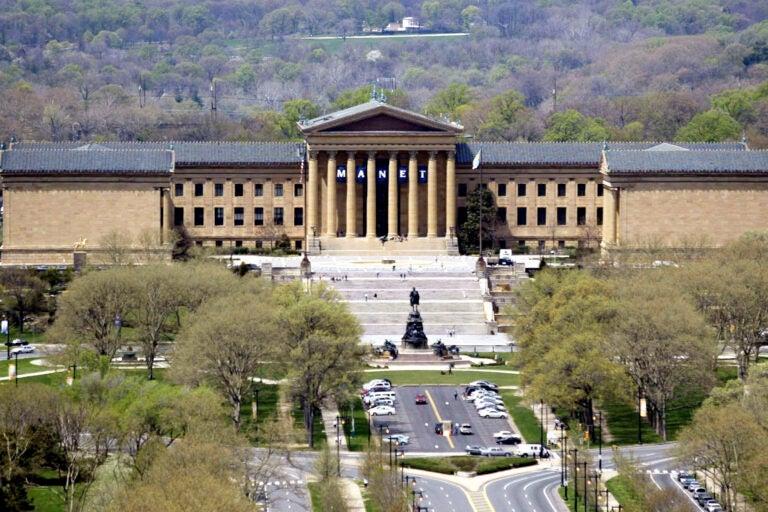 An aerial photo shows the Philadelphia Museum of Art, located at the end of the Benjamin Franklin Parkway in Philadelphia.