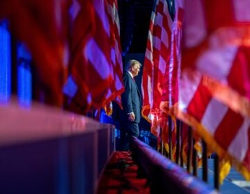 Donald Trump standing in sight of multiple U.S. flags