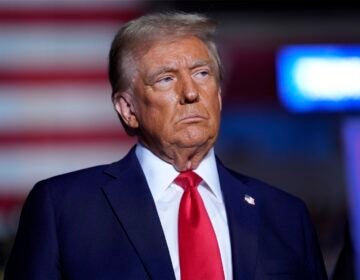 Republican presidential nominee former President Donald Trump listens during a campaign rally at Santander Arena, Monday, Nov. 4, 2024, in Reading, Pa.