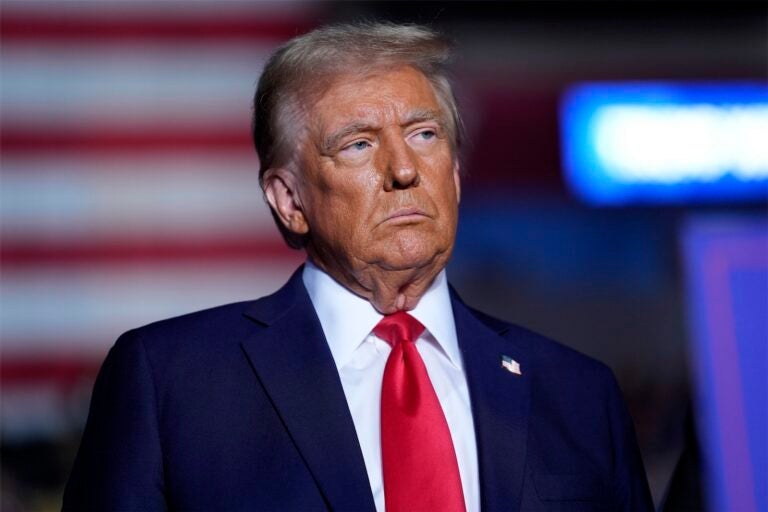 Republican presidential nominee former President Donald Trump listens during a campaign rally at Santander Arena, Monday, Nov. 4, 2024, in Reading, Pa.