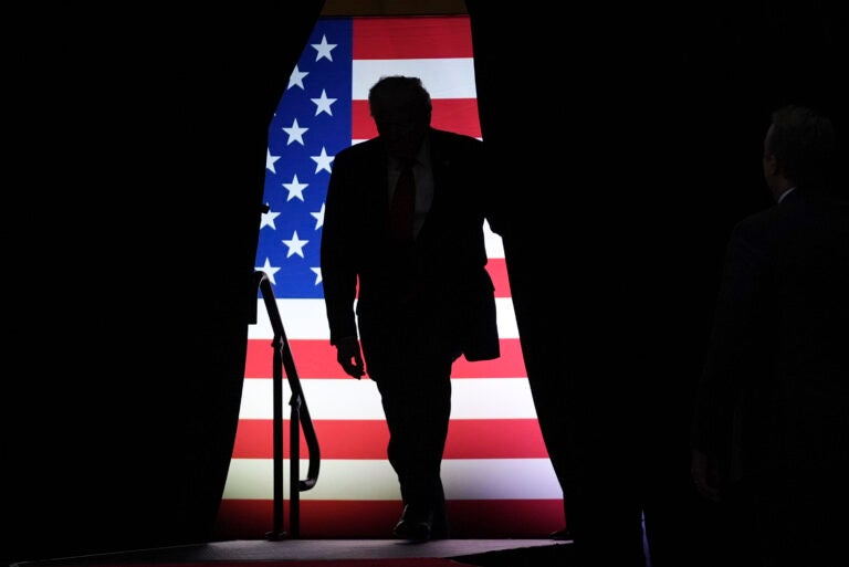 Republican presidential nominee former President Donald Trump arrives at a campaign rally at PPG Paints Arena, Monday, Nov. 4, 2024, in Pittsburgh, Pa.