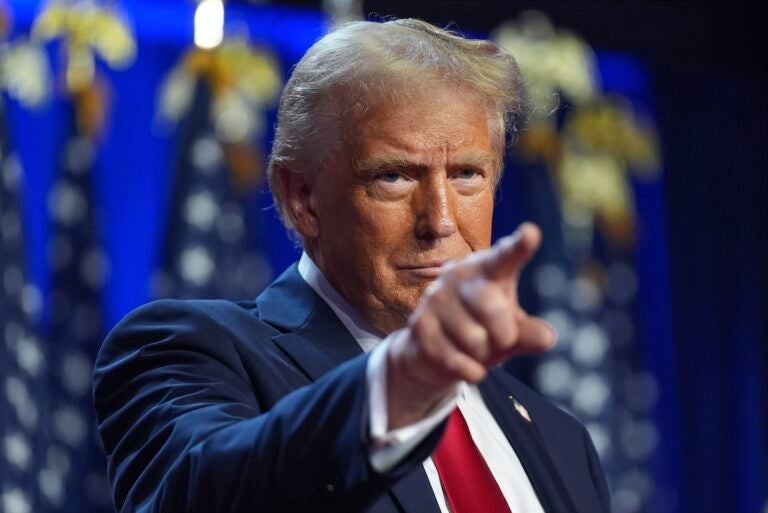 Republican presidential nominee former President Donald Trump arrives at an election night watch party at the Palm Beach Convention Center, Wednesday, Nov. 6, 2024, in West Palm Beach, Fla.