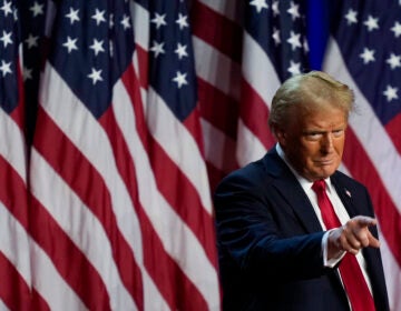 Republican presidential nominee former President Donald Trump points to the crowd at an election night watch party, Wednesday, Nov. 6, 2024, in West Palm Beach, Fla.