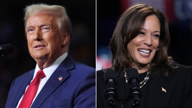 Trump speaks at a campaign rally at PPG Paints Arena on Monday in Pittsburgh; Harris speaks during a campaign rally at Muhlenberg College in Allentown, Pa., on the same day.