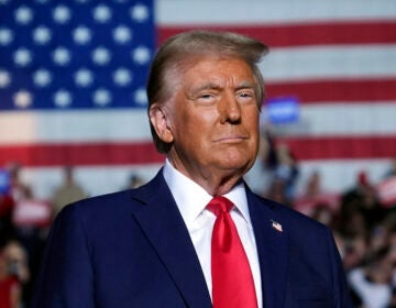 Republican presidential nominee former President Donald Trump arrives at a campaign rally at Santander Arena, Monday, Nov. 4, 2024, in Reading, Pa.