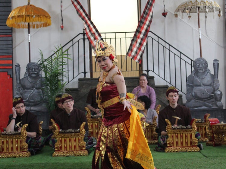 Sinta Penyami Storms performs the Tari Cendrawasih, the Birds of Paradise dance. (Emily Neil/WHYY)