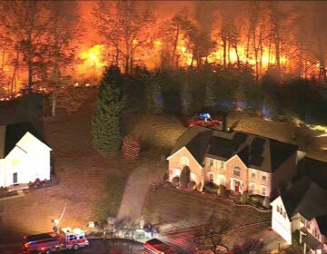 A wildfire burning near homes