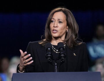 Kamala Harris speaks at a podium