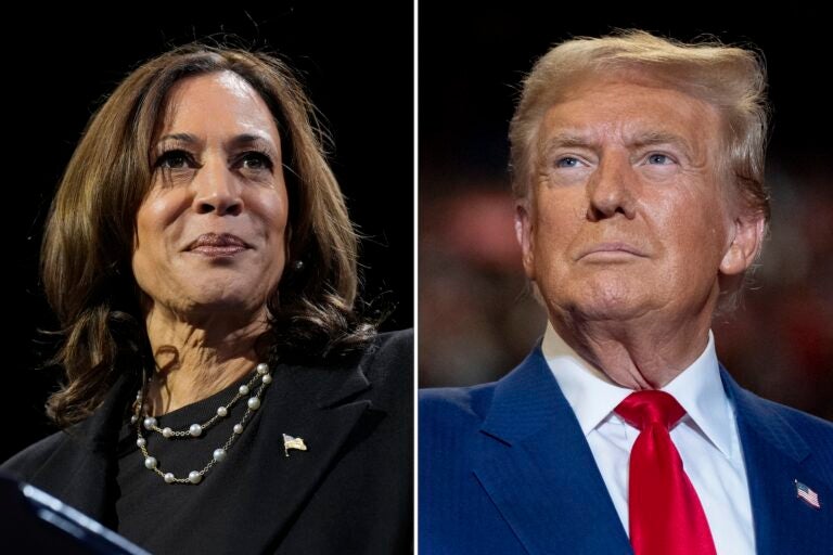 This combination of file photos shows Democratic presidential nominee Vice President Kamala Harris, left, speaking at a campaign rally Erie, Pa., on Oct. 14, 2024, and Republican presidential nominee former President Donald Trump speaking a campaign rally in Uniondale, N.Y., on Sept.18, 2024.