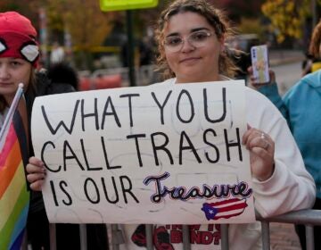 Carmen Hernandez, a Puerto Rican who says she supports Democratic presidential candidate Vice President Kamala Harris, protests against recent racist comments against Puerto Ricans made at a Trump rally in New York's Madison Square Garden, at a Trump rally in Reading, Pa., Monday, Nov. 4, 2024.