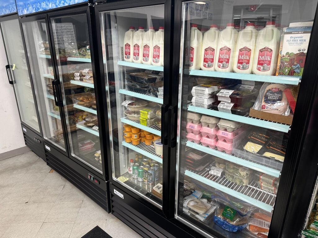 A well stocked fridge at the food pantry