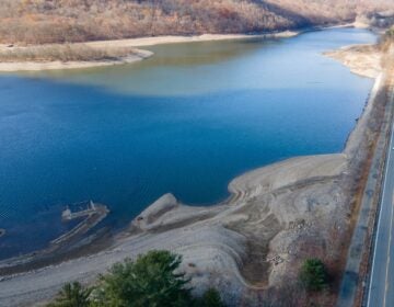 overhead view of Low water levels at the Wanaque Reservoir