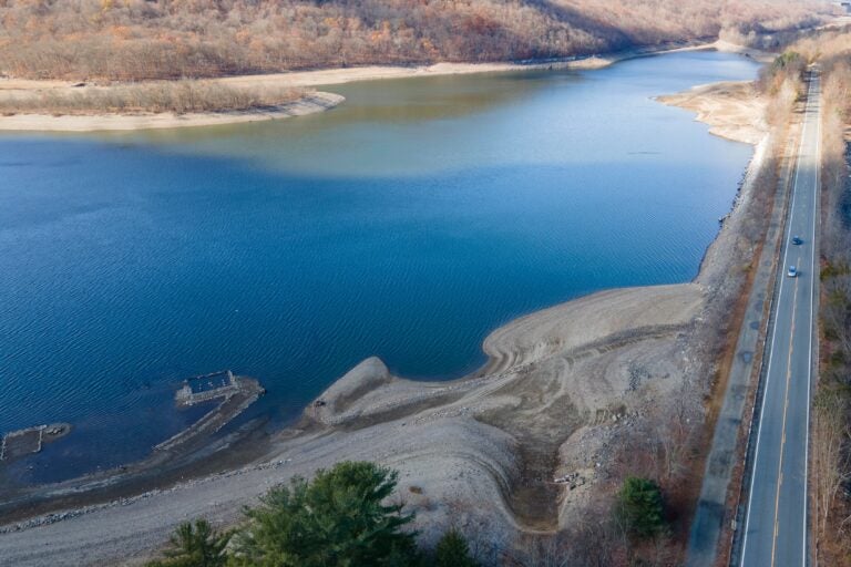 overhead view of Low water levels at the Wanaque Reservoir