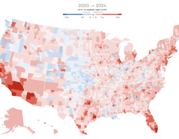 National map showing a rightward shift from 2020 to 2024