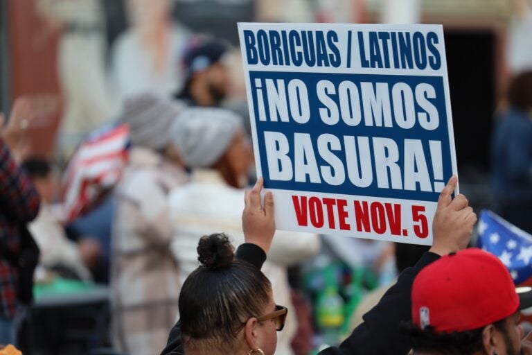 A woman holds a sign at a rally organized by the Democratic party in Reading, Pa., on Nov. 2, 2024.