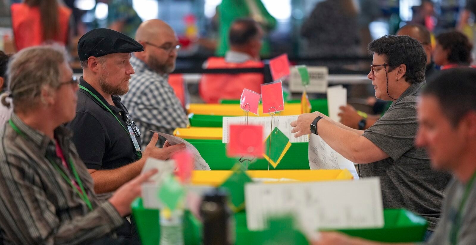Election workers process mail-in ballots for the 2024 General Election at the Chester County, Pa., administrative offices, Tuesday, Nov. 5, 2024, in West Chester, Pa.