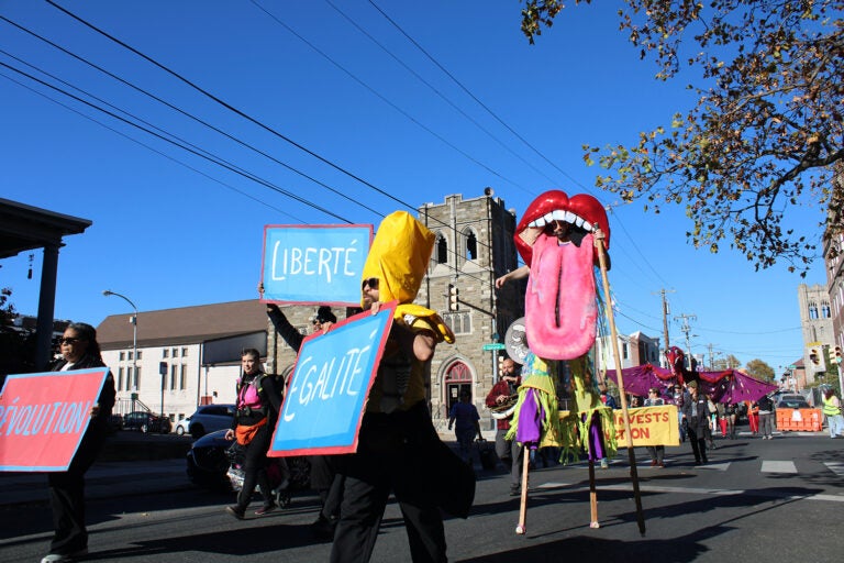 Hundreds of organizations and individuals marched through West Philadelphia as part of the 24th annual Peoplehood Parade on Nov. 9, 2024. (Emily Neil/WHYY)
