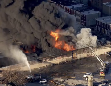 An aerial view of a massive fire on Ruth Street in Kensington.