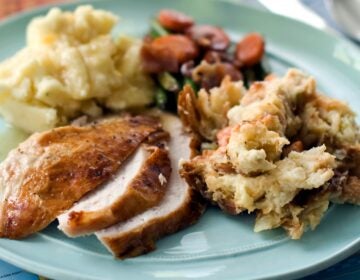 a plate of Thanksgiving food