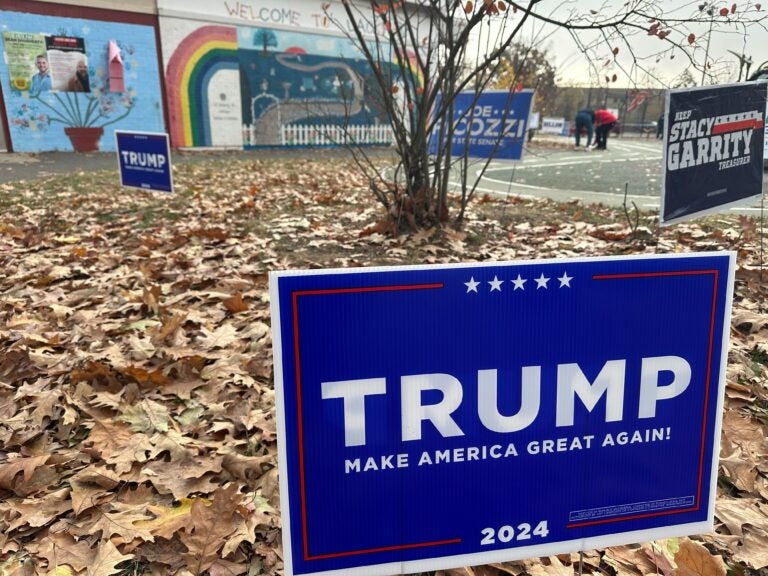 A campaign sign for former President Donald Trump is seen outside a polling place in Pennsylvania.