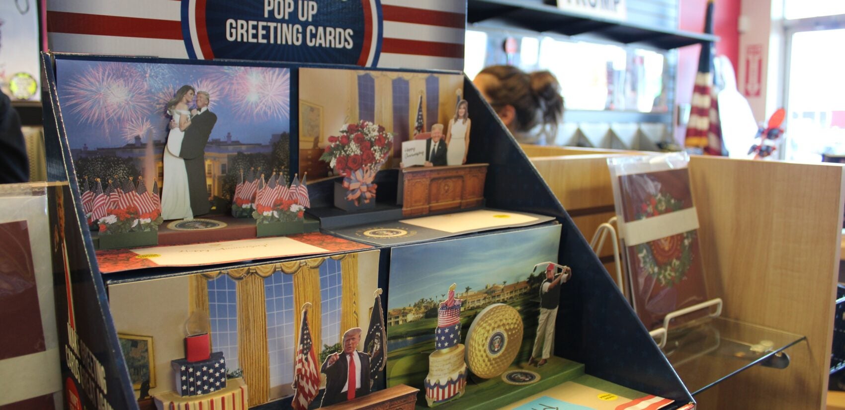 a display of Trump-talking greeting cards