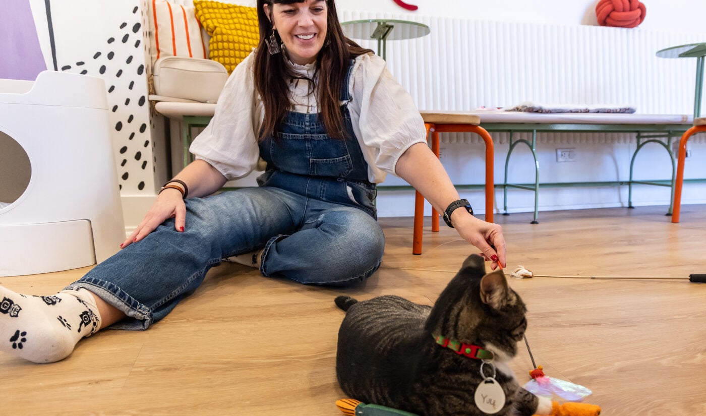 Natasha Martin hangs with Yule the cat at the Get a Gato cat cafe in South Philly.