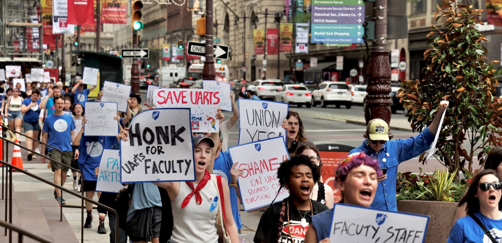 Faculty and staff of University of the Arts march on South Broad Street