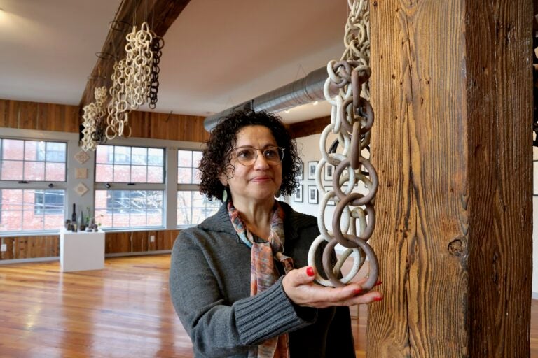 Hazami Sayed founded Al-Bustan Seeds of Culture in 2002 and served as its executive director for 18 years. She is the first artist to exhibit in Al-Bustan's new space in Kensington. (Emma Lee/WHYY)