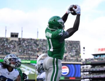 A.J. Brown catches a football while jumping