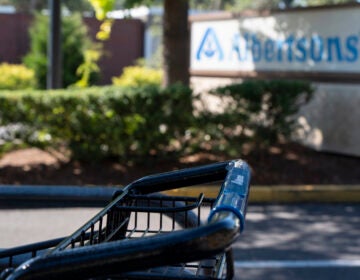 FILE - A grocery cart rests in a cart return area with a sign for Albertsons grocery store in the background on Aug. 26, 2024, in Lake Oswego, Ore. (AP Photo/Jenny Kane, File)