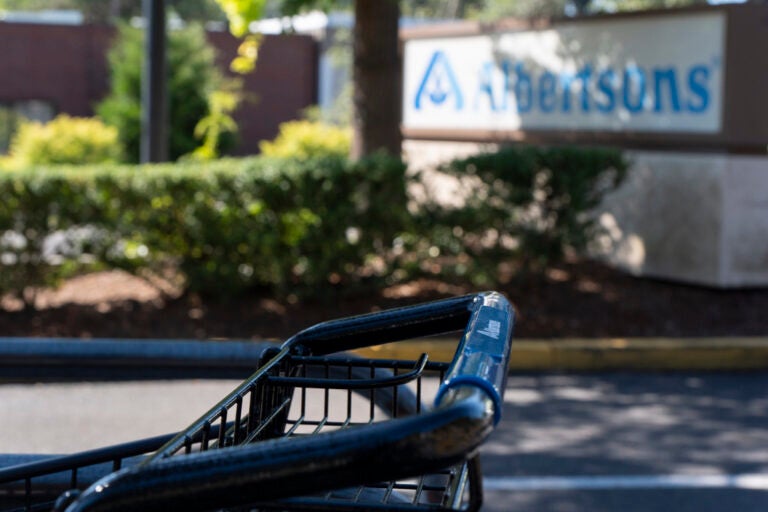 FILE - A grocery cart rests in a cart return area with a sign for Albertsons grocery store in the background on Aug. 26, 2024, in Lake Oswego, Ore. (AP Photo/Jenny Kane, File)