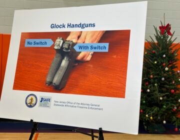 New Jersey Attorney General Matt Platkin's office displays a photo of a so-called Glock switch in Newark, N.J. on Thursday, Dec. 12, 2024,  (AP Photo/Mike Catalini)