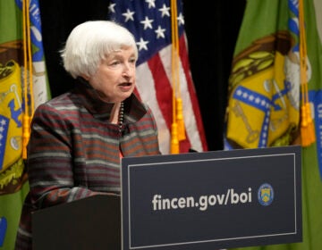 FILE - U.S. Treasury Secretary Janet Yellen speaks during a visit to the Financial Crimes Enforcement Network (FinCEN) in Vienna, Va., on Jan. 8, 2024. (AP Photo/Susan Walsh, File)