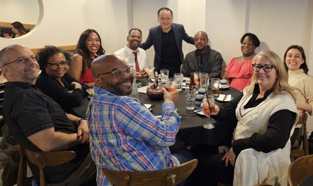 WHYY’s N.I.C.E. partner Daniel Tsao, of New Mainstream Press (center standing), hosts a dinner at his restaurant EMei in Chinatown during the Civic News Summit.