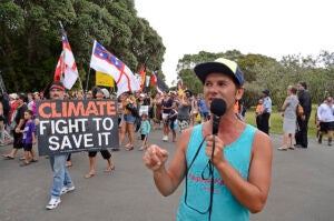 Peter-Lucas Jones is the CEO of Te Hiku Media, a Māori company that broadcasts the Indigenous language, Te Reo. Jones is seen reporting for Te Hiku in 2015. (John Miller/Ngapuhi Tribe)