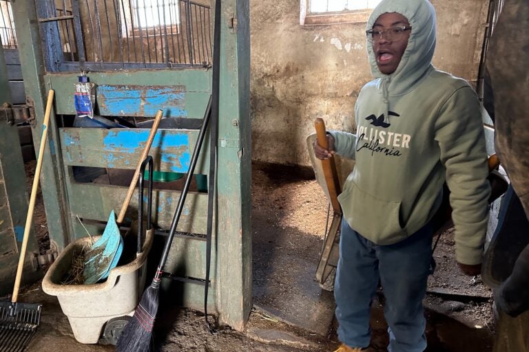 Tajee McLaghlin cleaning a stall