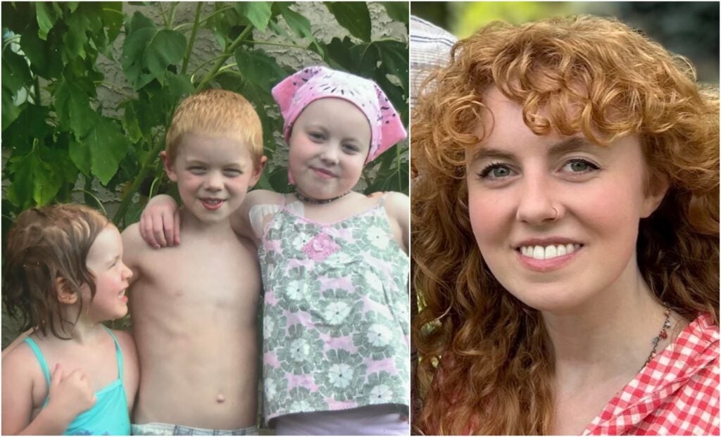 Two side-side-side photos of Rainey Talley, one current and one as a kid with her two siblings