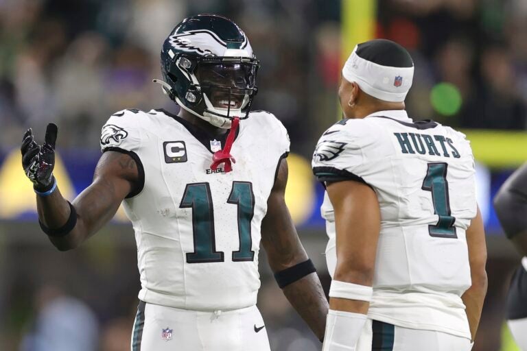 Philadelphia Eagles wide receiver A.J. Brown with quarterback Jalen Hurts