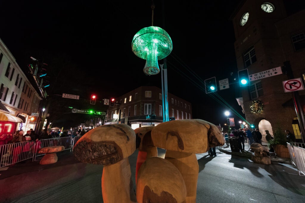 A giant mushroom hangs over Kennett Square for a new year's celebration