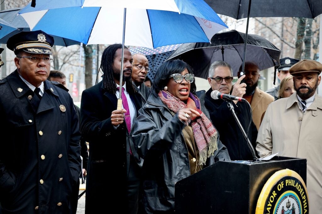 Mayor Cherelle Parker addresses the press in Dilworth Park