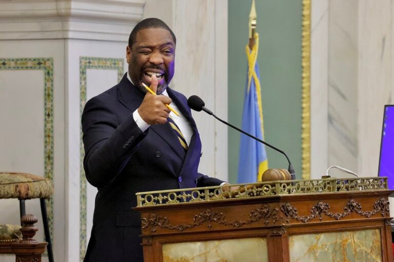 Philadelphia City Council President Kenyatta Johnson gives a thumbs up at the close of council’s last session of 2024, during which bills allowing for the construction of a Sixers arena on Market Street were approved