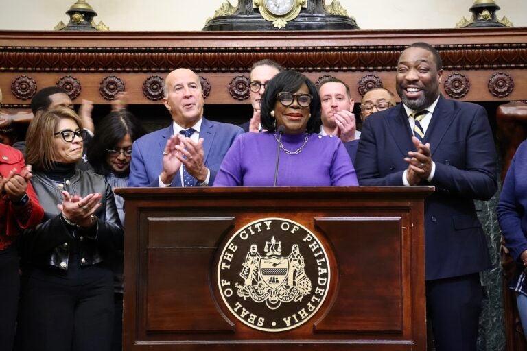 Philadelphia Mayor Cherelle Parker speaks in Philly City Council chambers after the Sixers arena was formally approved