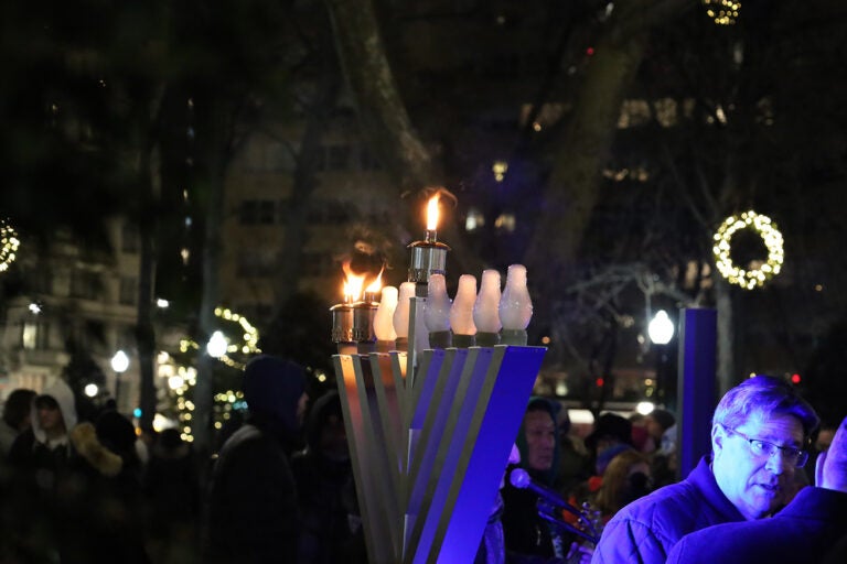 A lit menorah in Philadelphia