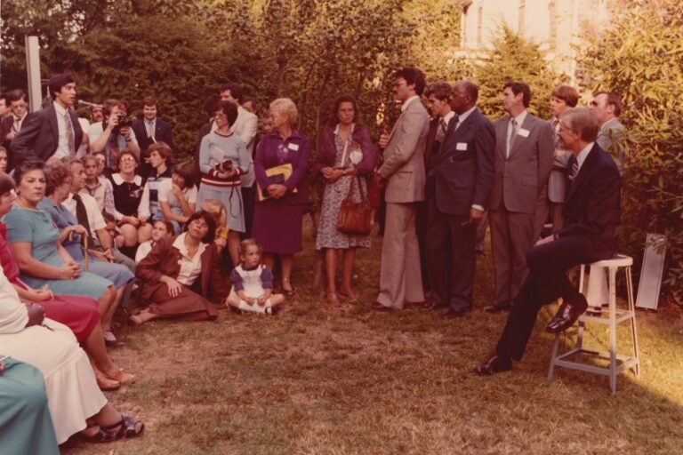 Joe Phillips asks President Jimmy Carter a question in Lansdowne, Pennsylvania, in October 1980.